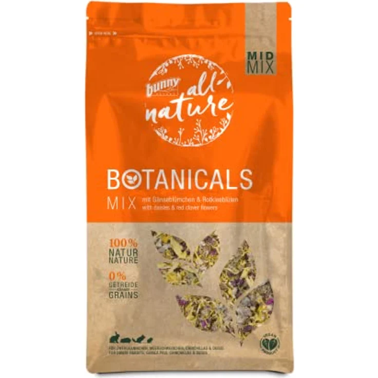 Bunny Nature BOTANICALS MID Mix mit Gänseblümchen & Rotkleeblüten, 120 g, Ergänzungsfuttermittel für Zwergkaninchen, Meerschweinchen, Chinchillas & Degus, ohne Zuckerzusätze, vitaminreich und 100 % natürlich – Bild 1