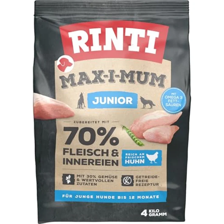 Rinti MAX-I-MUM Junior Huhn, Hundefutter mit 65% frischem Fleisch, erhöhtem Protein- und Fettgehalt, 4 kg