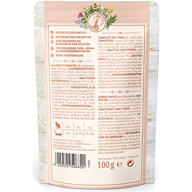 WILDES LAND Huhn & Lachs, Nassfutter für ausgewachsene Katzen mit hohem Fleischanteil, getreidefrei, 12x100g – Bild 4