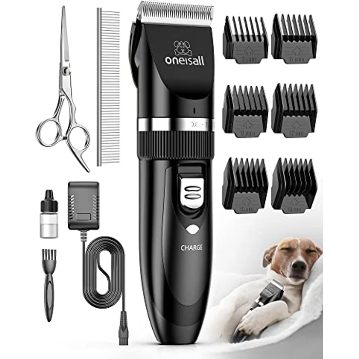 oneisall P2 Leise Hundeschermaschine, elektronische Trimmer mit 50DB, kabellos, schwarz, inkl. 6 Aufsätzen und abwaschbarem Messerkopf – Bild 1