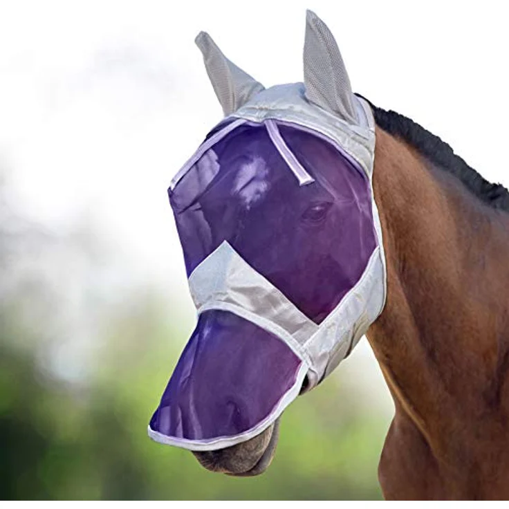 Harrison Howard CareMaster Pferde Fliegenmaske mit UV-Schutz, Ohren- und Nasenschutz, anatomisches Design, Silber/Lila, Warmblut (L) – Bild 1