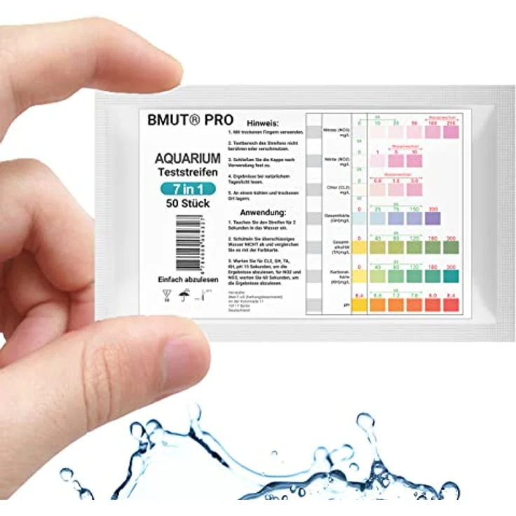 BMUT 50x 7in1 Aquarium Teststreifen für Teich, Wasseranalyse pH, Nitrit, Nitrat, GH-Wert, einfache Anwendung, inklusive deutscher Anleitung – Bild 1