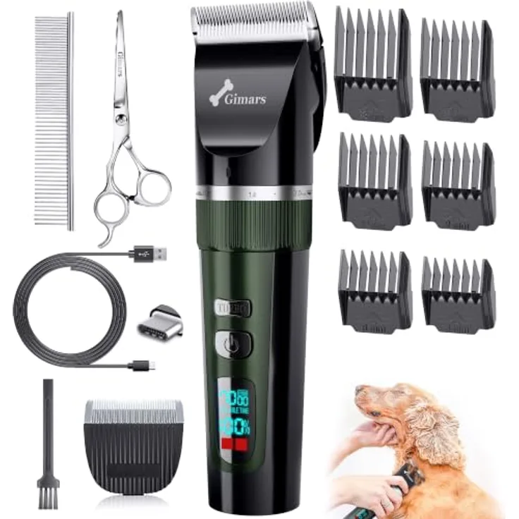 Gimars 4-in-1 Hundeschermaschine, kabellos & leise 55 dB, 7000 U/min, mit Ersatzklinge, professioneller Tierhaarschneider für dickes Fell von Hunden, Katzen & Pferden