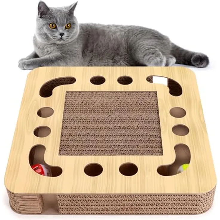 Nobleza Katzenkratzbrett, interaktives 3-in-1 Katzenspielzeug mit Minze und 2 Klingelballs, aus Wellpappe