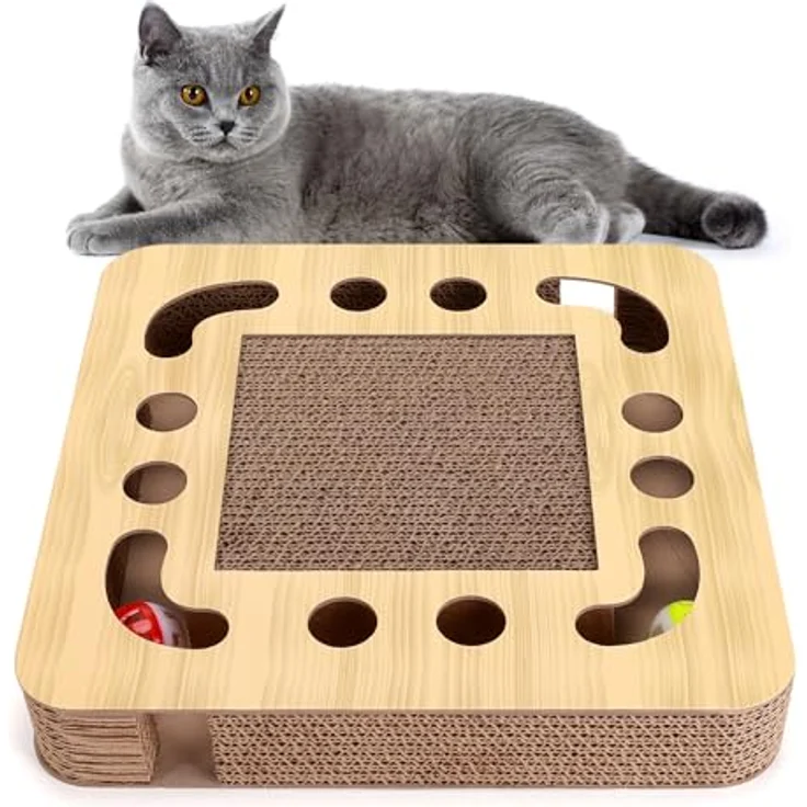 Nobleza Katzenkratzbrett, interaktives 3-in-1 Katzenspielzeug mit Minze und 2 Klingelballs, aus Wellpappe – Bild 1