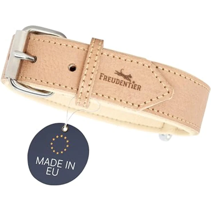 FREUDENTIER® Hundehalsband Modell “Amstelpark”, aus gefüttertem Vollnarbenleder, 32-42cm Halsumfang, in Sand, Made in EU, komfortabel und langlebig – Bild 1