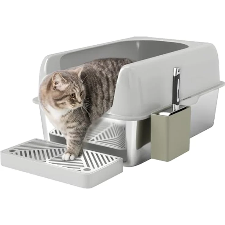 PawHut Edelstahl-Katzentoilette mit Schaufel, für Katzen unter 4,5 kg, Indoor, Hellgrau – Bild 2