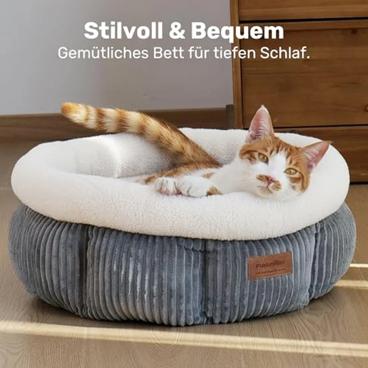 FUKUMARU Katzenbett waschbar, 48x48x20cm Katzenkorb mit erhöhtem Rand, rutschfester Boden, plüschig grau – Bild 2