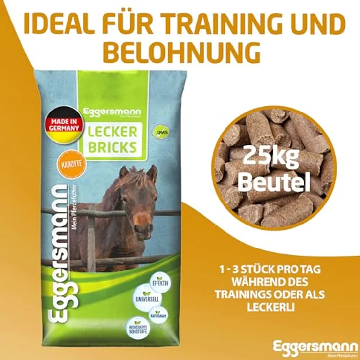 Eggersmann Mein Pferdefutter Lecker Bricks Karotte, Pferdeleckerlis mit natürlichem Kräuter-Geschmack, 25 kg Packung – Bild 5