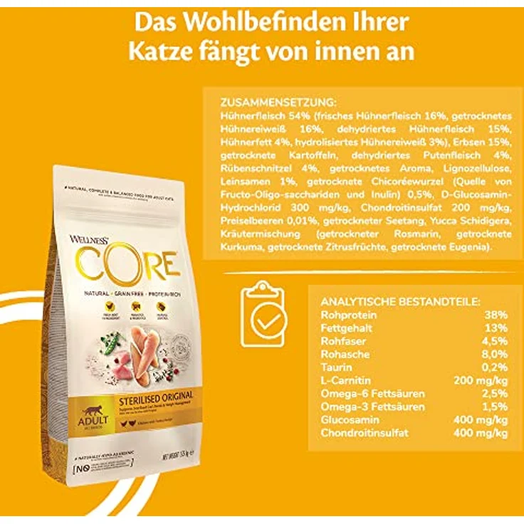 Wellness CORE Sterilised Original, Katzenfutter trocken für sterilisierte Katzen, Pute & Huhn, 4 kg, getreidefrei, ohne Zuckerzusatz, hoher Fleischanteil, zur Haarballenprävention – Bild 5