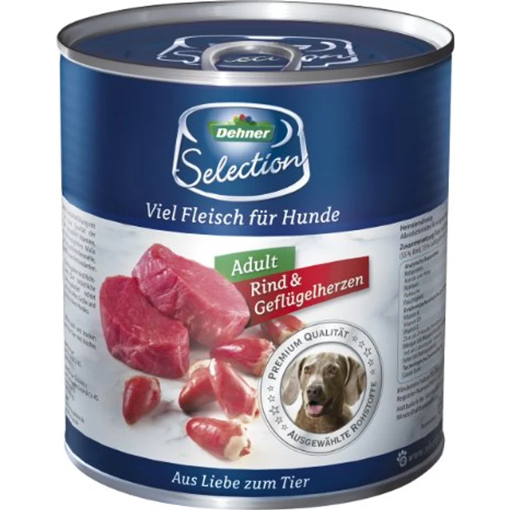 Dehner Premium Hundefutter Nassfutter, getreidefrei für ausgewachsene Hunde, Rind / Geflügelherzen, 6 x 800 g Dose (4.8 kg) – Bild 2