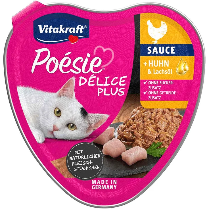 Vitakraft Poésie Délice Plus Chicken, Katzen-Nassfutter mit Hühnchen und Lachsöl, 15x85g, ohne Zucker und Getreide
