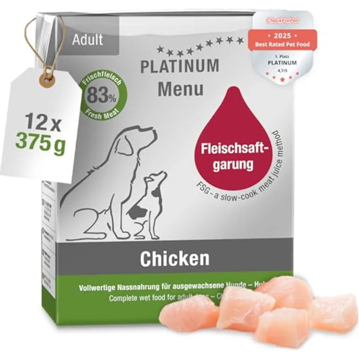 PLATINUM Hundenahrung Menu Adult Chicken, Hundenassfutter mit Fleischsaftgarung, 12 x 375 g, nährstoffreich und besonders schmackhaft für kleine und große Hunde, BPA-frei, in DE geprüft