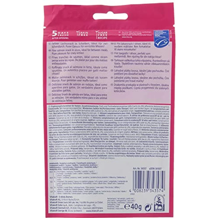 Vitakraft Katzensnack Mininos, Lachssnack in Scheiben, 40g, zuckerfrei, getreidefrei, MSC-zertifizierter Fischanteil – Bild 2