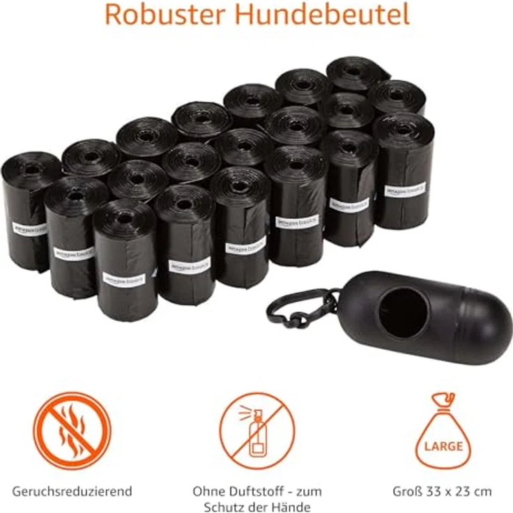 Amazon Basics Hundekotbeutel, strapazierfähig mit Spender und Leinenclip, unparfümiert, 300 Beutel (20 Packungen mit je 15 Beuteln), Schwarz – Bild 4