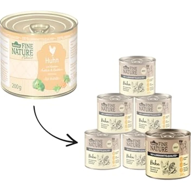 Dehner Fine Nature Hundefutter, Nassfutter in Lebensmittelqualität, für ausgewachsene Hunde, Huhn mit Karotten und Brokkoli, 6 x 200 g Dose (1.2 kg) – Bild 3