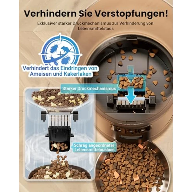 Vacqueen Futterautomat Katze mit APP, 6L, 25 Tassen, 3 Näpfe, Anti-Verstopfungssystem, 10-S Stimmaufnahme, 2.4G WiFi – Bild 3