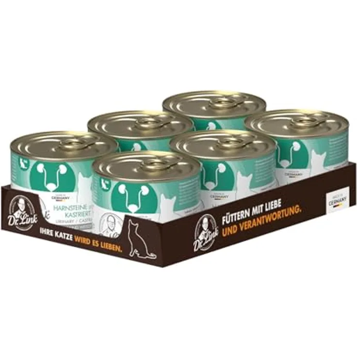 Dr. Link Spezial-Diät Katzenfutter, Huhn & Weißfisch für kastrierte Katzen, Unterstützung der Harnwege, pH-Wert-Regulierung, Omega-3-Fettsäuren, glutenfrei - 6X 200g Dose