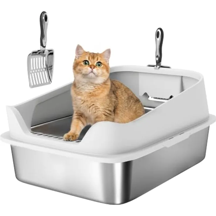 PawHut Katzentoilette aus Edelstahl, offene XL Katzenklo mit hohem Rand für große Katzen bis 7 kg, grau, inklusive Schaufel