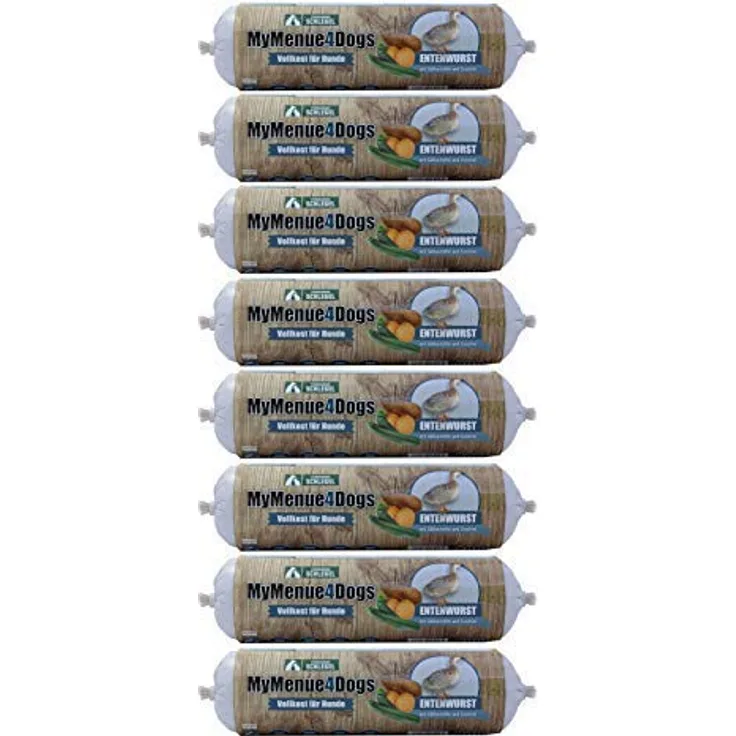 MyMenue4Dogs Hundefutter Entenwurst, 8x800g, Vollnahrung mit Ente, Süßkartoffel und Zucchini, ohne Zusatzstoffe, für empfindliche Hunde