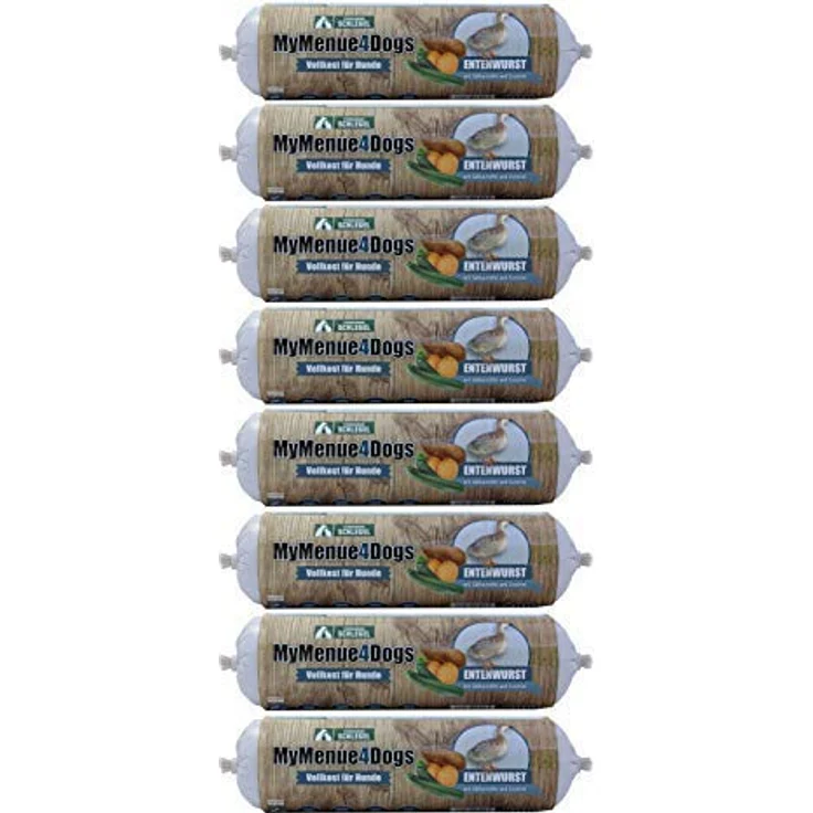 MyMenue4Dogs Hundefutter Entenwurst, 8x800g, Vollnahrung mit Ente, Süßkartoffel und Zucchini, ohne Zusatzstoffe, für empfindliche Hunde – Bild 1