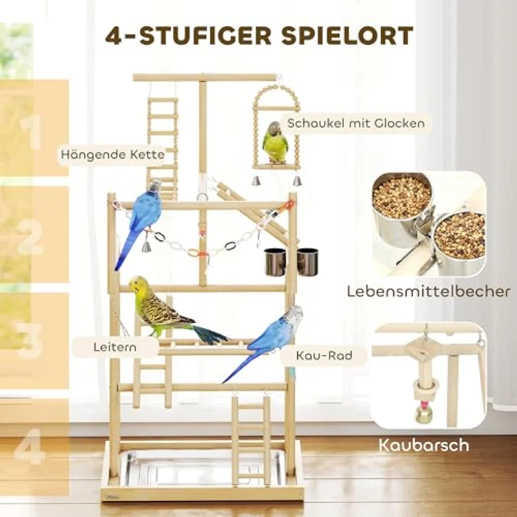PawHut Vogelhaus mit Spielzeug, Naturholz, Edelstahlwanne für Nymphensittiche, Conures und Unzertrennliche – Bild 4