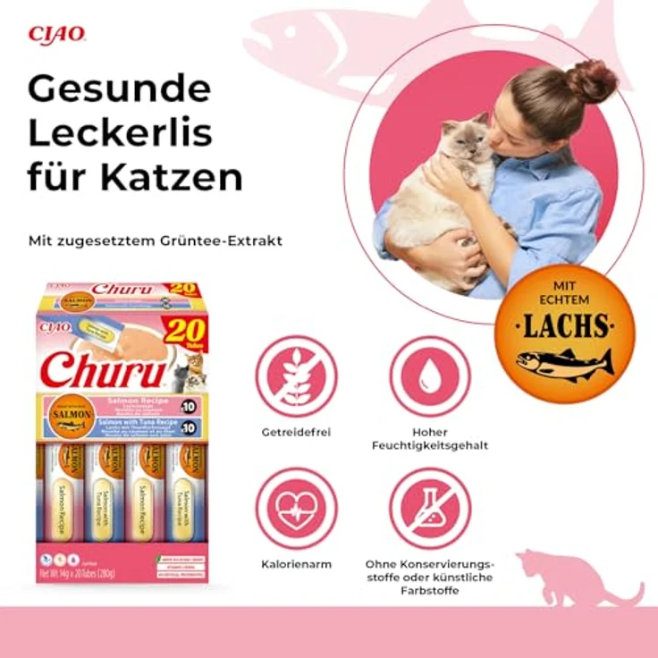 INABA Churu Salmon, Cremige Katzenleckerlis ohne Getreide & Zucker, 20 x 14 g, hochfeuchtigkeitsgehalt, Lachs und Thunfisch Rezepte – Bild 4