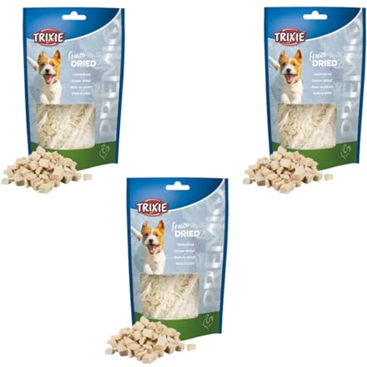 Trixie Freeze Dried Hühnerbrust 3er Pack, 3 x 50 g, Ergänzungsfuttermittel für Hunde, 99% Fleischgehalt, Monoprotein, geeignet bei Futtermittelallergien