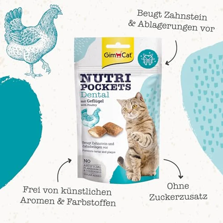 GimCat Nutri Pockets Dental, Knuspriger Katzensnack mit cremiger Füllung, 60 g, mit Geflügel und Zahngesundheitsfördernden Inhaltsstoffen – Bild 2