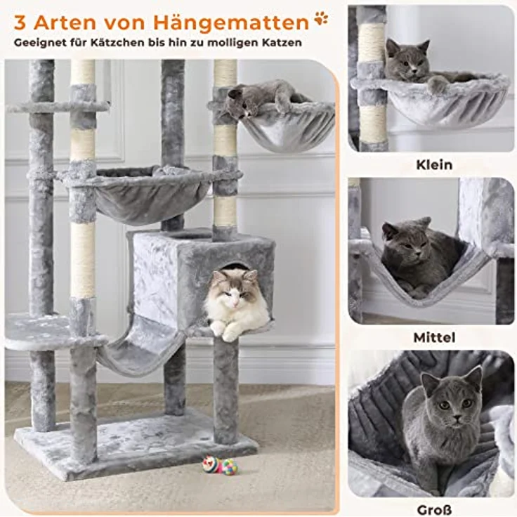 MSmask Kratzbaum XXL, 193 cm hoch mit 2 Höhlen, 2 Plattformen, Hängematte und stabiler Konstruktion für große Katzen – Bild 4