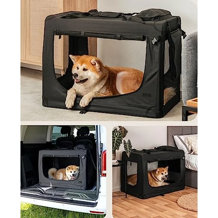 lionto Tiertransportbox 90x61x65 cm für Hunde und Katzen bis 22 kg, stabil aus Textil, schwarz mit komfortablem Innenkissen und praktischen Außentaschen – Bild 2