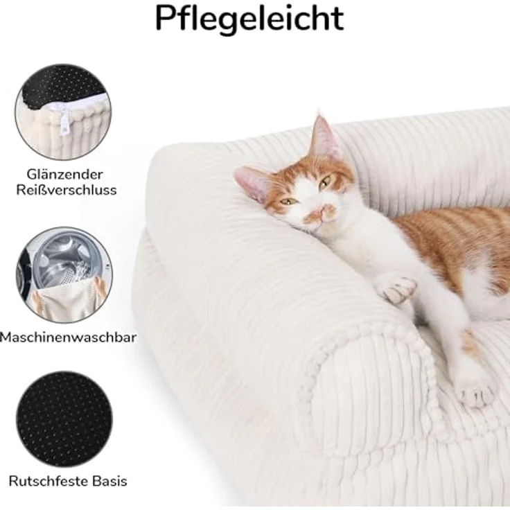 FUKUMARU Hundebett für große Hunde, Flauschiges & wasserabweisendes Katzensofa aus Cordstoff, Waschbar, rutschfest, Abnehmbarer Reißverschlussbezug, 93 x 63 x 22 cm, Creme – Bild 4
