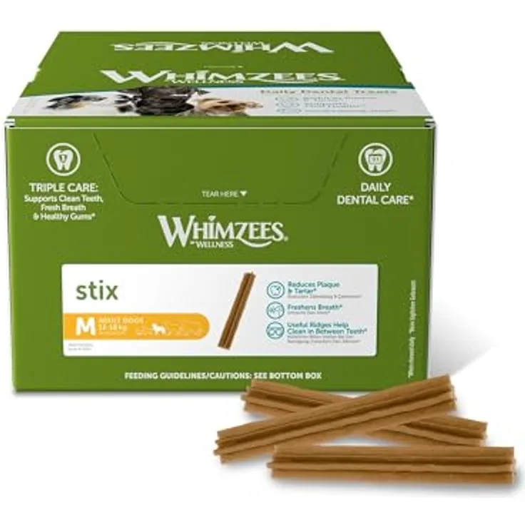 WHIMZEES Stix Größe M, glutenfreie vegetarische Hundesnacks zur Plaque- und Zahnsteinbeseitigung, 100 Stück im Display (1 x 3 kg)
