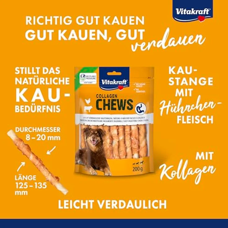 Vitakraft Chews Collagen Stick Chicken, leicht verdauliche Kaustangen für verdauungssensible Hunde, 200 g – Bild 2