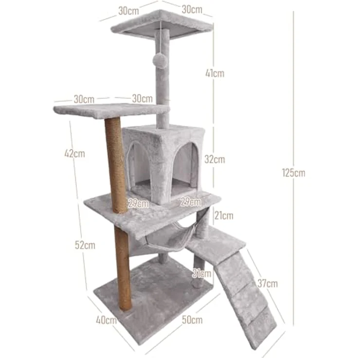 Mersjö Comfort Line Katzenkratzbaum, 125 cm hoch, mit 6 Ebenen, Haus und Spielzeug, hellgrau – Bild 6