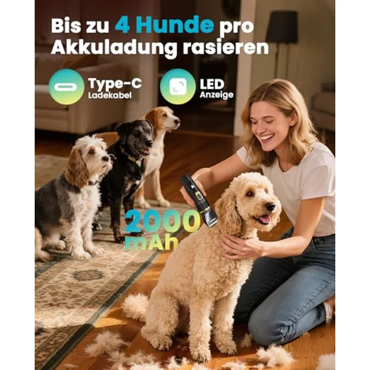 oneisall Leise Hundeschermaschine Upgrade Pro, 2000mAh wiederaufladbar, IPX7 wasserdicht, für Fellpflege bei Hund und Katze, 6 Aufsatzlängen – Bild 5