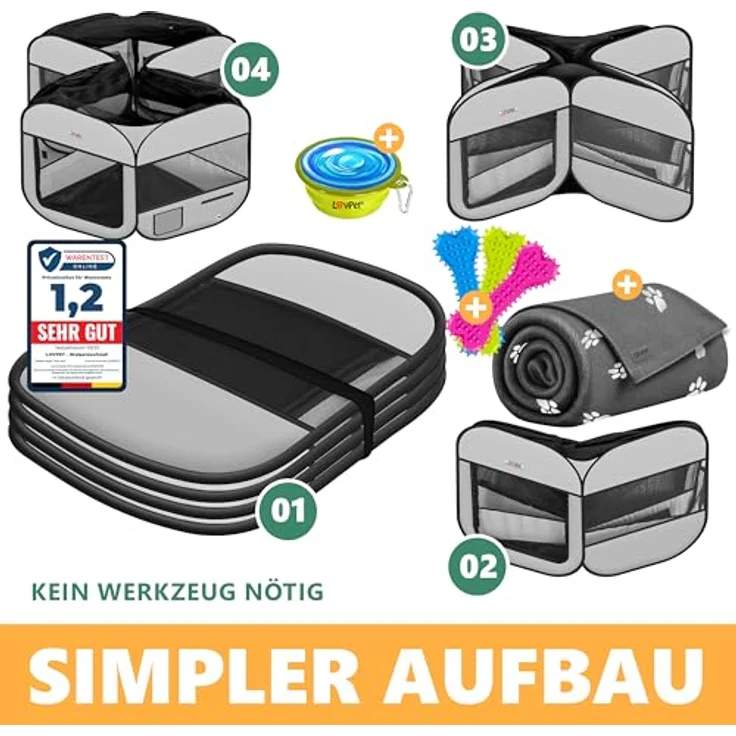 LOVPET® Welpenlaufstall, faltbar für Hunde und Katzen, 125 cm Durchmesser, inkl. Hundenapf und Fleece Decke, Oxfordgewebe, Pop-up System, hellgrau/schwarz, für Indoor & Outdoor – Bild 4