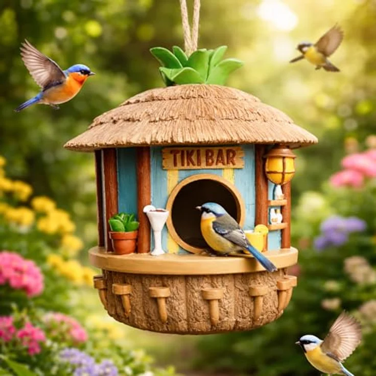 MikaMax Tiki Bar Vogelhaus, Hängendes Vogelhaus für kleine Vögel, wetterfest und tropische Gartendeko, 19 x 17 cm – Bild 2