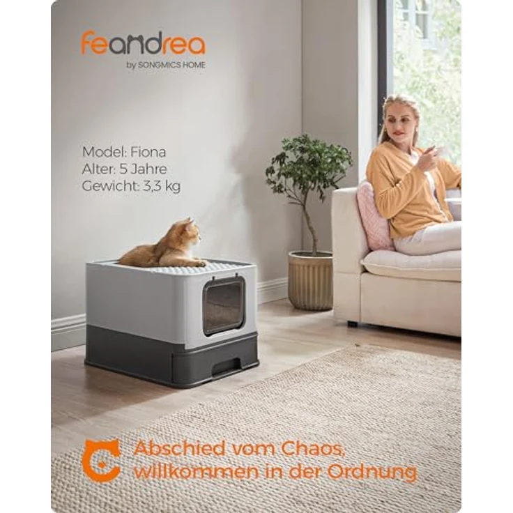 Feandrea Katzenklo 2er Set, mit Deckel und ausziehbarem Tablett, für Katzen bis 15 kg, anthrazitgrau-Taubengrau, auslaufsicherer Boden, weniger Spuren, inkl. Schaufel und Bürste – Bild 2