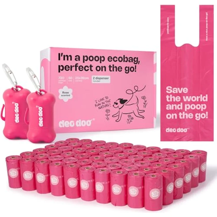 Deo Doo Hundekotbeutel, 720 Stück mit Henkel und Spender, Rose Duft, 100% auslaufsicher, aus recycelten Materialien, 50% Speisestärke – Bild 1