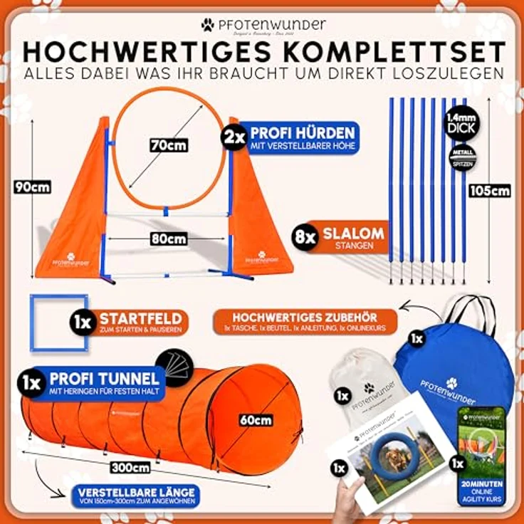 PfotenWunder® XXL-Profi-Agility Set für Hunde, inkl. 3 Meter Tunnel, 6 Slalomstangen und 21 Min. Trainingsvideo zur Hundeschule, ideal für kleine & große Hunde – Bild 2