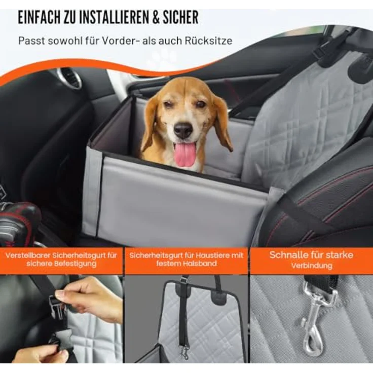 VEVOR Hundeautositz, Hundesitzerhöhung fürs Auto mit Stützrahmen, ansteckbarer Sicherheitsleine und Baumwollfüllung, für kleine Hunde bis 26 lbs, grau – Bild 4