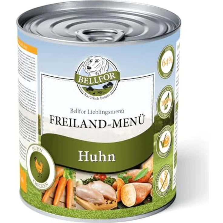 Bellfor Getreidefreies Nassfutter für Hunde, Freiland-Menü mit Huhn, 6x800g, Reich an regionalem Obst & Gemüse, frei von künstlichen Zusätzen, für alle Rassen geeignet – Bild 2