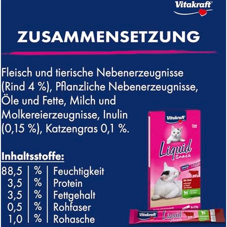 Vitakraft Liquid Snack, Katzen Leckerli mit Rind und Katzengras, cremig, für gesunde Darmflora, 6x15g Sachets – Bild 5