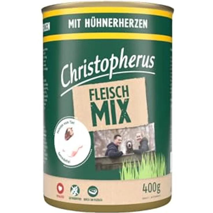 Christopherus Fleischmix mit Hühnerherzen, Getreidefreies Nassfutter für Hunde, 6 x 400 g – Bild 2