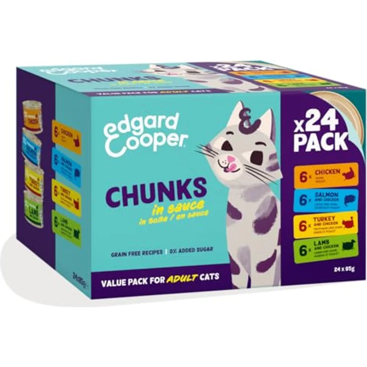 Edgard Cooper Nassfutter für Katzen in Sauce Multipack, 24 x 85g, getreidefrei, mit frischem Huhn, Lachs, Pute und Lamm – Bild 1
