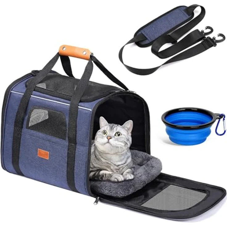 Morpilot Katzentransportbox für große Katzen und Welpen bis 7kg, faltbare Haustiertasche mit atmungsaktivem Netzgewebe und abnehmbarem Kissen, Transportbox für Tierarztbesuche und Reisen, blau – Bild 1