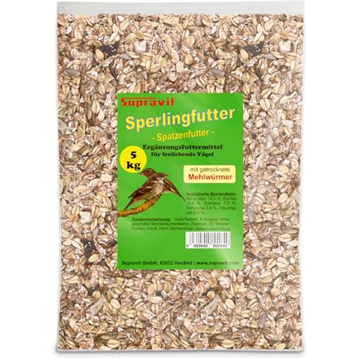 Supravit Spatzenfutter & Sperlingsfutter 5kg – Premium Wildvogelfutter mit Mehlwürmern, energie- & proteinreiches Ganzjahresfutter für Gartenvögel – Bild 1