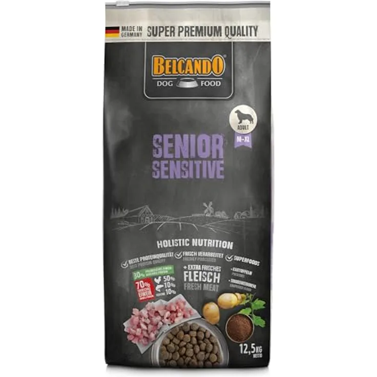 Belcando Senior Sensitive, Trockenfutter für ältere & empfindliche Hunde, 12,5 kg, Alleinfuttermittel für alle Rassen, mit 30% frischem Geflügel, hergestellt in Deutschland