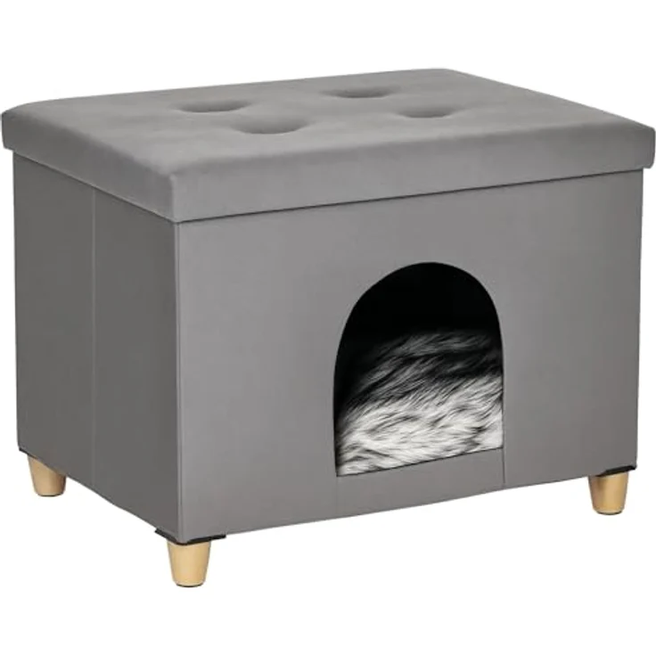 PawHut 2-IN-1 Katzenhaus Fußhocker mit Kissen, graue Katzenhöhle aus Holz, 60 x 45 x 44,5 cm – Bild 1